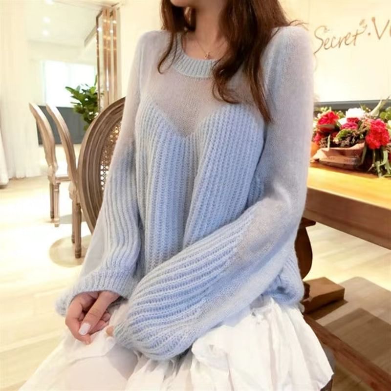 Plain Sheer Panel Crewneck Sweater
