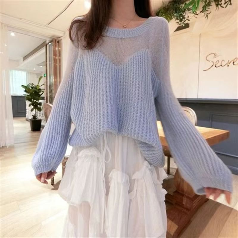 Plain Sheer Panel Crewneck Sweater
