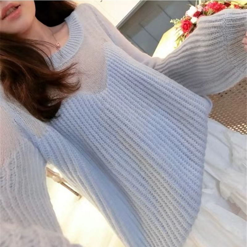 Plain Sheer Panel Crewneck Sweater