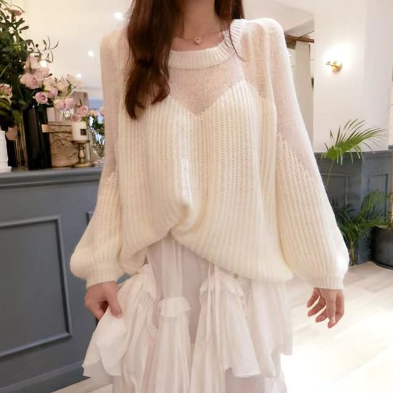 Plain Sheer Panel Crewneck Sweater