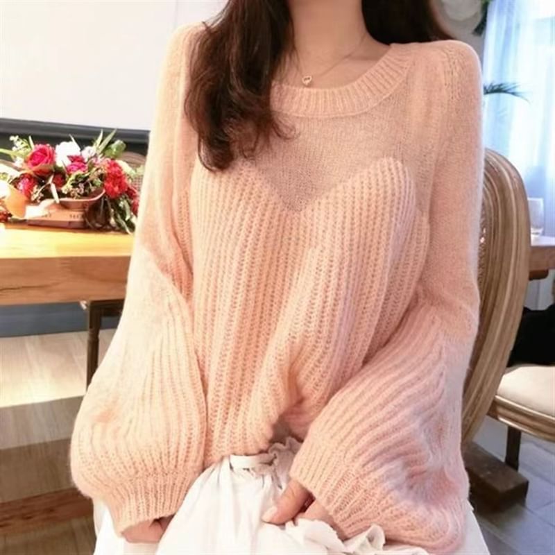 Plain Sheer Panel Crewneck Sweater