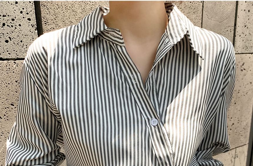 Striped Collared Asymmetric Button-Up Blouse, Long-Sleeved