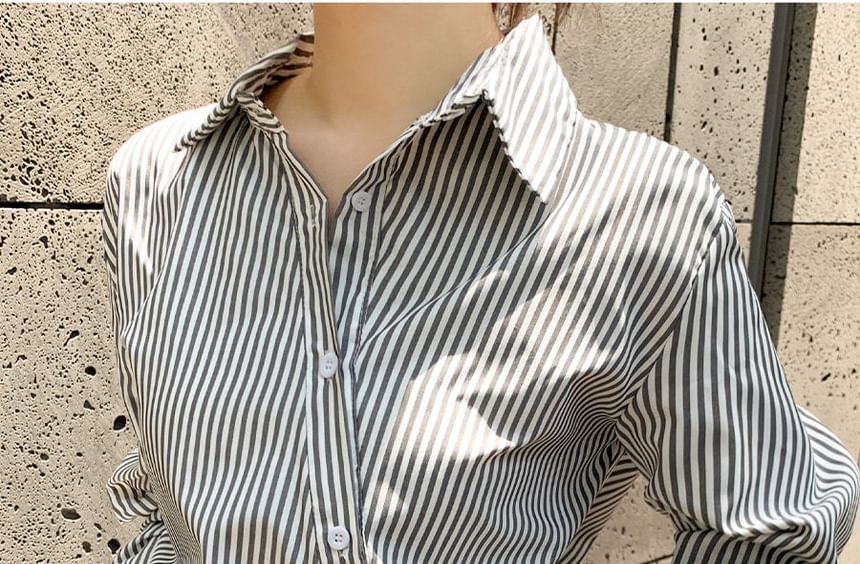 Striped Collared Asymmetric Button-Up Blouse, Long-Sleeved