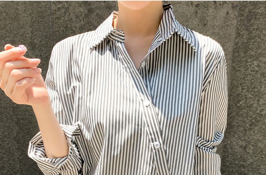 Striped Collared Asymmetric Button-Up Blouse, Long-Sleeved
