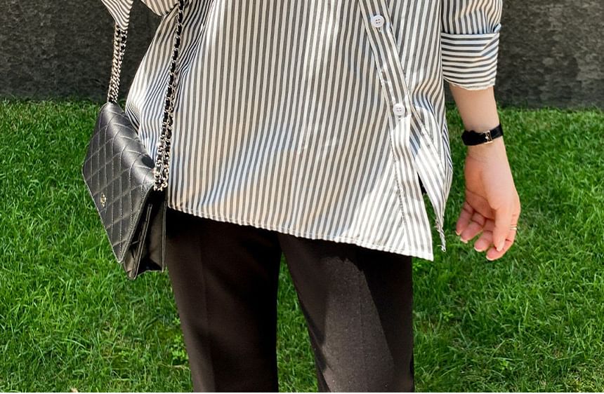 Striped Collared Asymmetric Button-Up Blouse, Long-Sleeved
