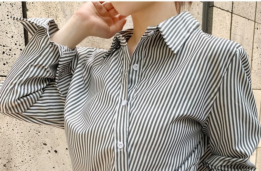 Striped Collared Asymmetric Button-Up Blouse, Long-Sleeved