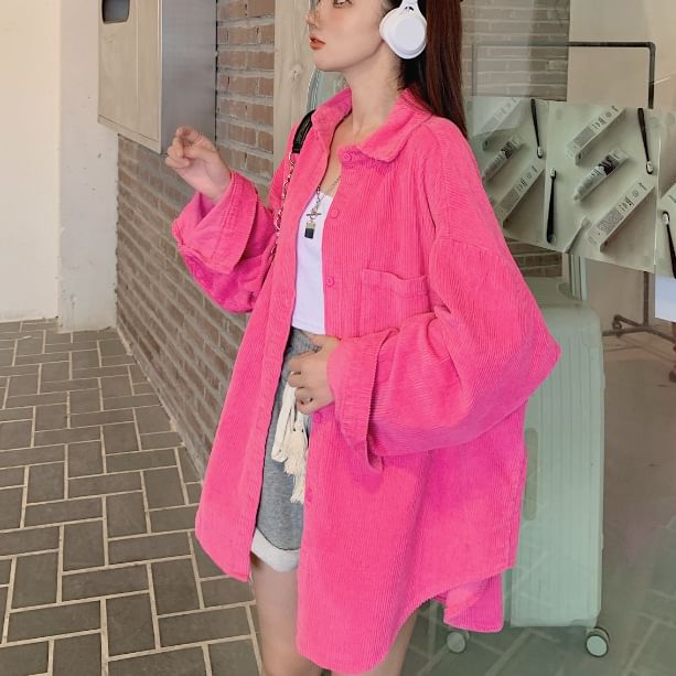Plain Corduroy Oversized Button-Up Shirt, Long-Sleeved