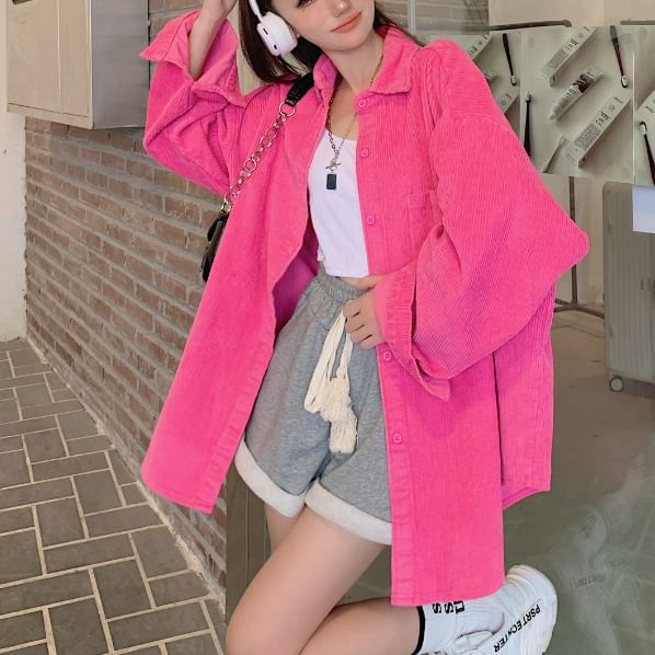 Plain Corduroy Oversized Button-Up Shirt, Long-Sleeved