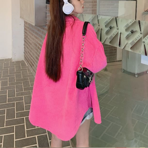 Plain Corduroy Oversized Button-Up Shirt, Long-Sleeved