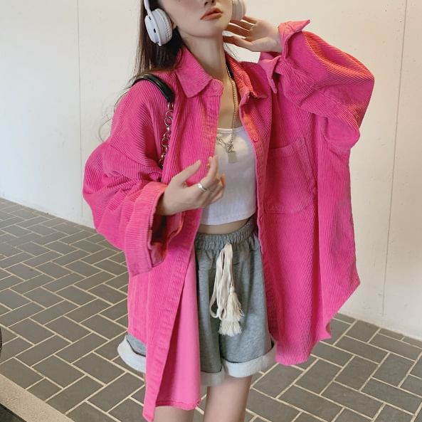 Plain Corduroy Oversized Button-Up Shirt, Long-Sleeved