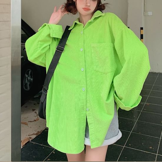 Plain Corduroy Oversized Button-Up Shirt, Long-Sleeved