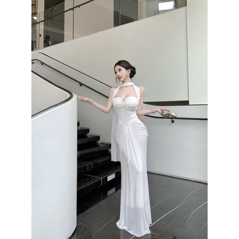Halter Plain Ruched Maxi Sheath Dress