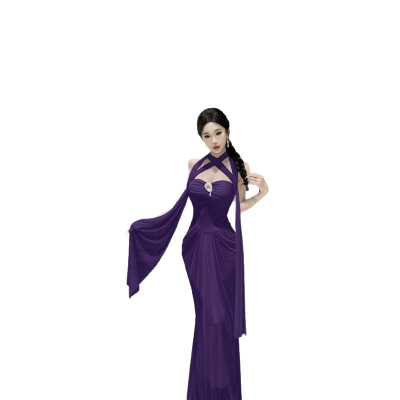 Halter Plain Ruched Maxi Sheath Dress
