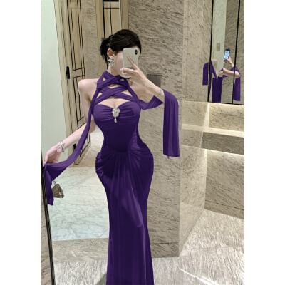 Halter Plain Ruched Maxi Sheath Dress