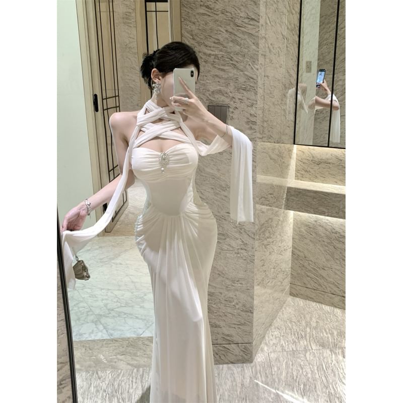 Halter Plain Ruched Maxi Sheath Dress