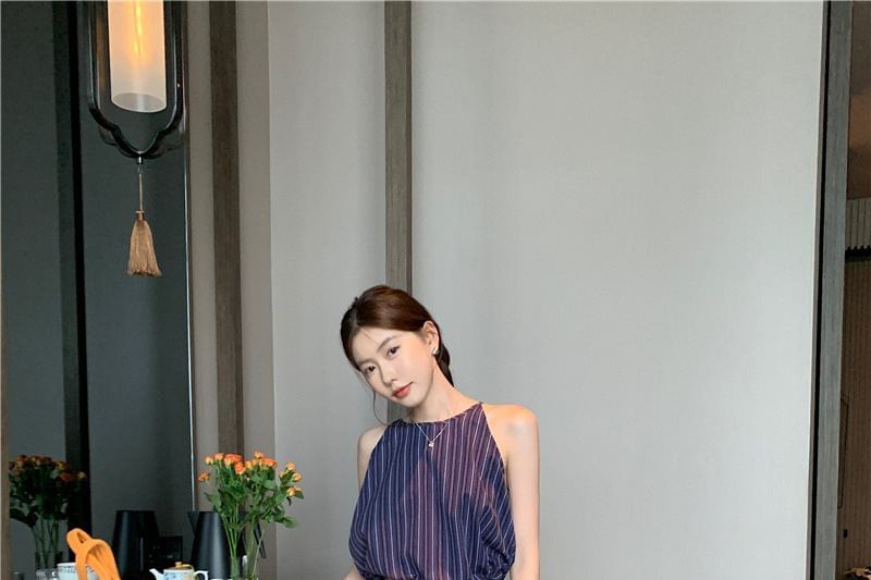 Striped Halter Crop Top & Wide-Leg High-Rise Pants Set