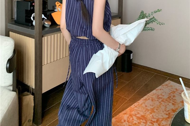 Striped Halter Crop Top & Wide-Leg High-Rise Pants Set