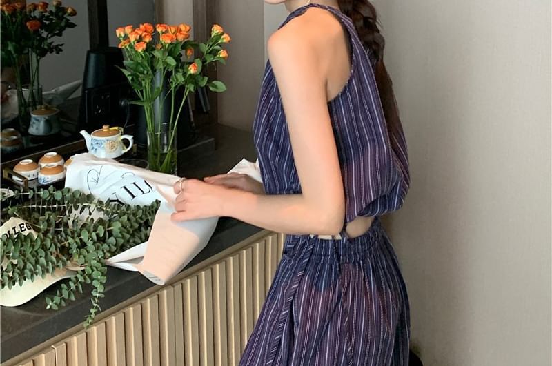 Striped Halter Crop Top & Wide-Leg High-Rise Pants Set