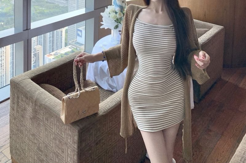 Spaghetti Strap Striped Mini Bodycon Dress / 3/4-Sleeve Plain Cardigan