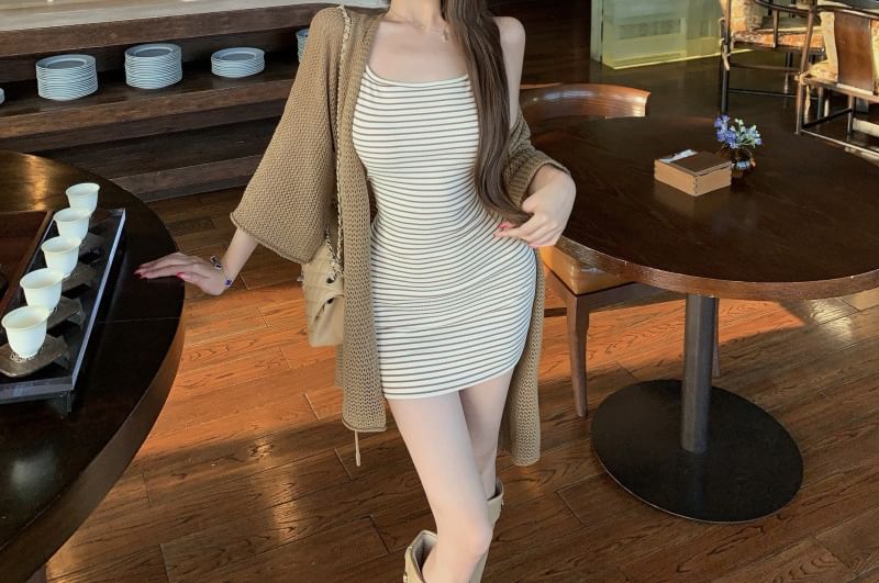 Spaghetti Strap Striped Mini Bodycon Dress / 3/4-Sleeve Plain Cardigan