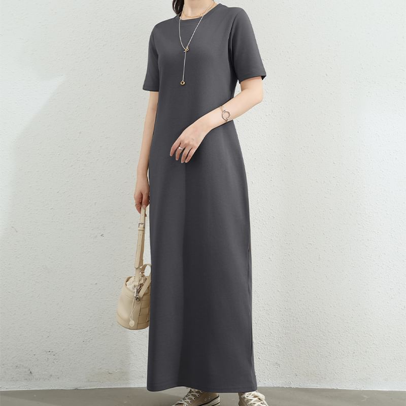 Maternity Short-Sleeve Crewneck Plain Maxi T-Shirt Dress (Various Designs)