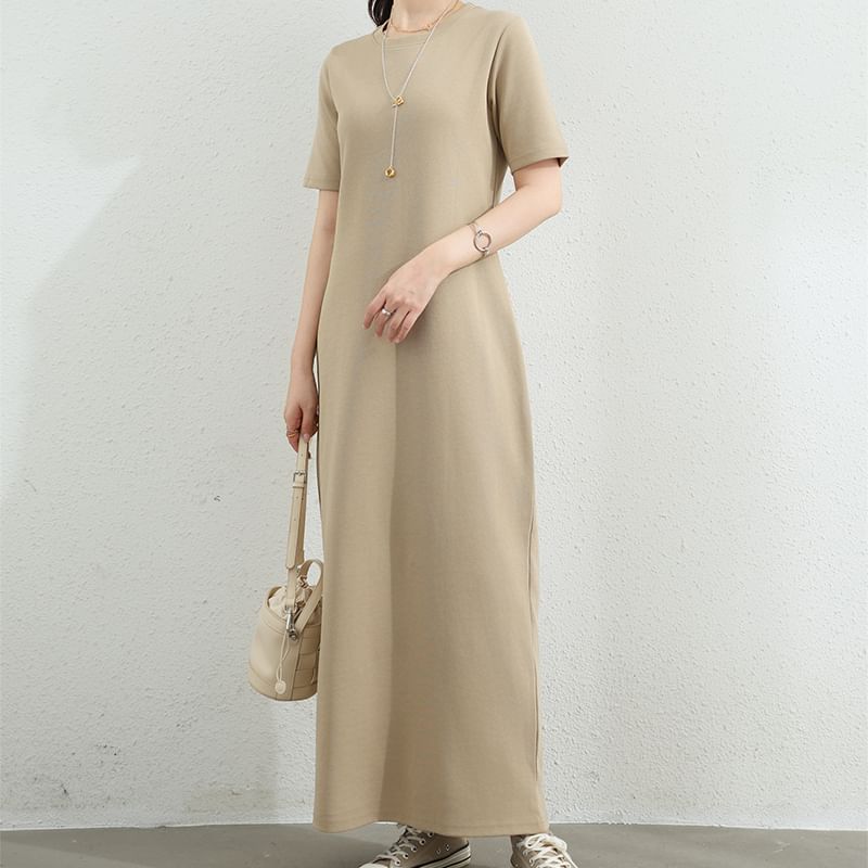 Maternity Short-Sleeve Crewneck Plain Maxi T-Shirt Dress (Various Designs)