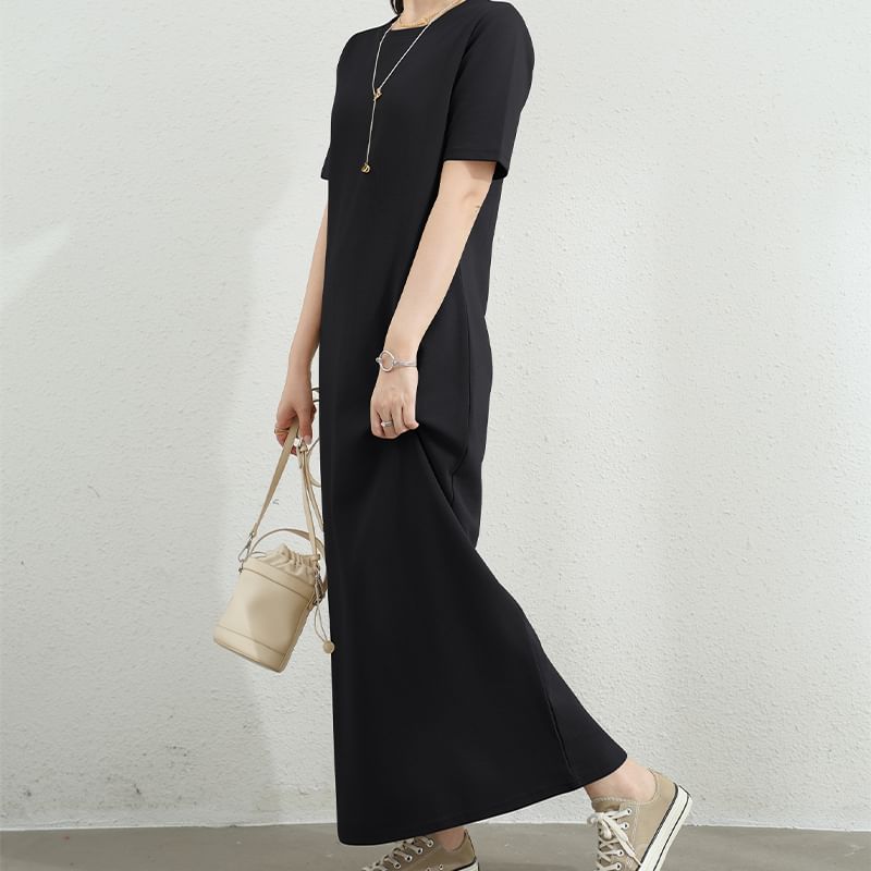 Maternity Short-Sleeve Crewneck Plain Maxi T-Shirt Dress (Various Designs)