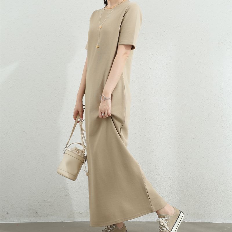 Maternity Short-Sleeve Crewneck Plain Maxi T-Shirt Dress (Various Designs)