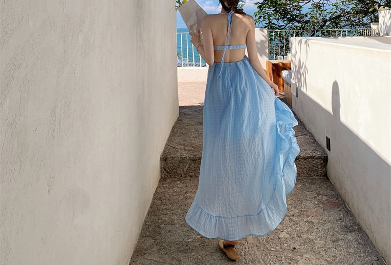 Halter V-Neck Plaid Ruched Open Back Maxi A-Line Dress