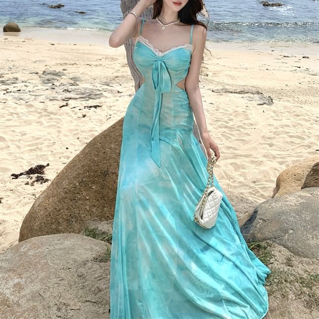 Spaghetti Strap V-Neck Tie Dye Lace Trim Cutout Maxi Mermaid Dress