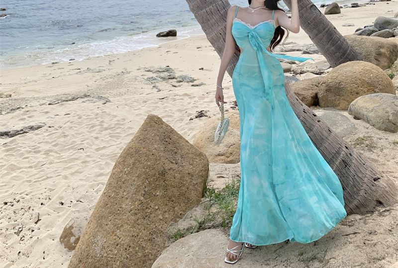 Spaghetti Strap V-Neck Tie Dye Lace Trim Cutout Maxi Mermaid Dress