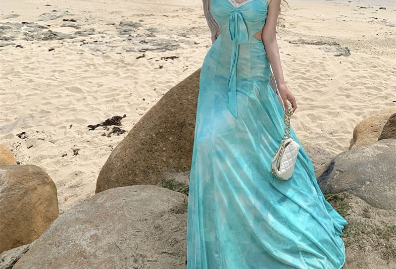 Spaghetti Strap V-Neck Tie Dye Lace Trim Cutout Maxi Mermaid Dress