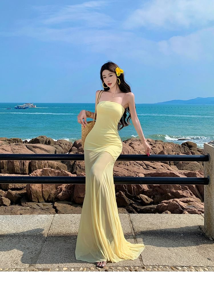 Sleeveless Plain Mesh Maxi Mermaid Dress