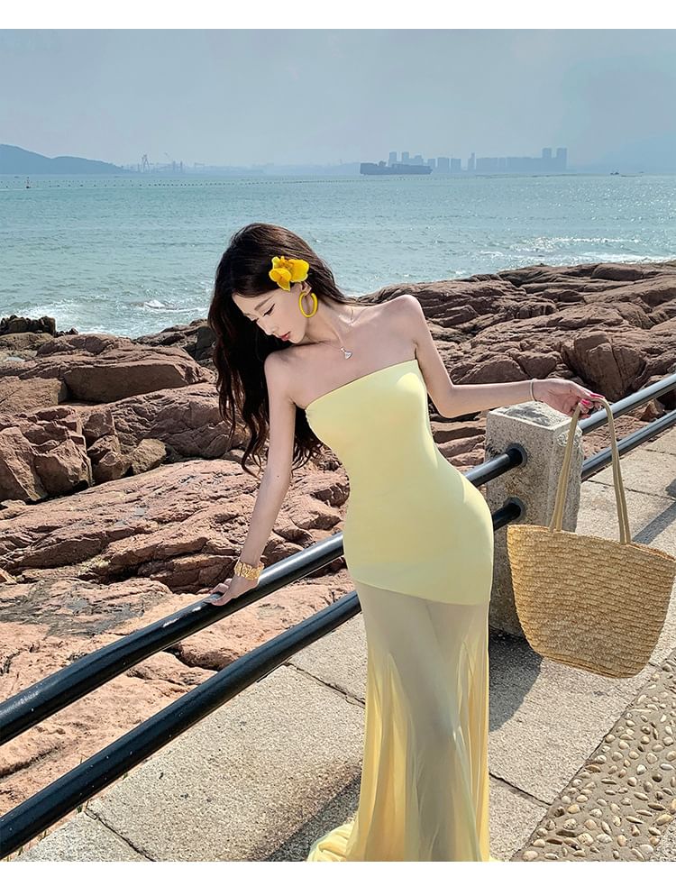 Sleeveless Plain Mesh Maxi Mermaid Dress