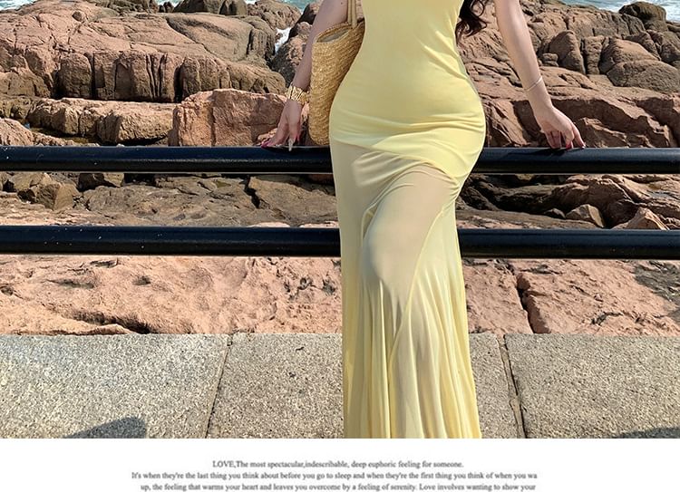Sleeveless Plain Mesh Maxi Mermaid Dress