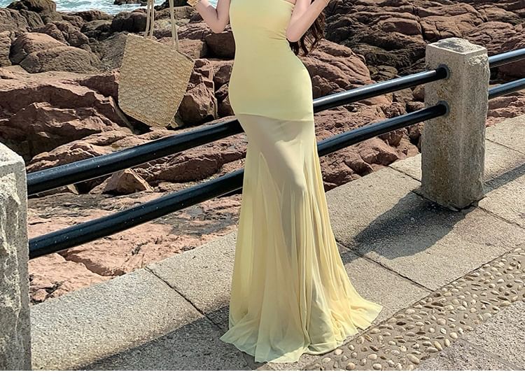 Sleeveless Plain Mesh Maxi Mermaid Dress
