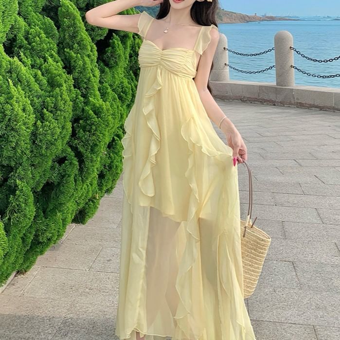 Cap-Sleeve Plain Ruffle Trim Ruched Slit Maxi A-Line Dress
