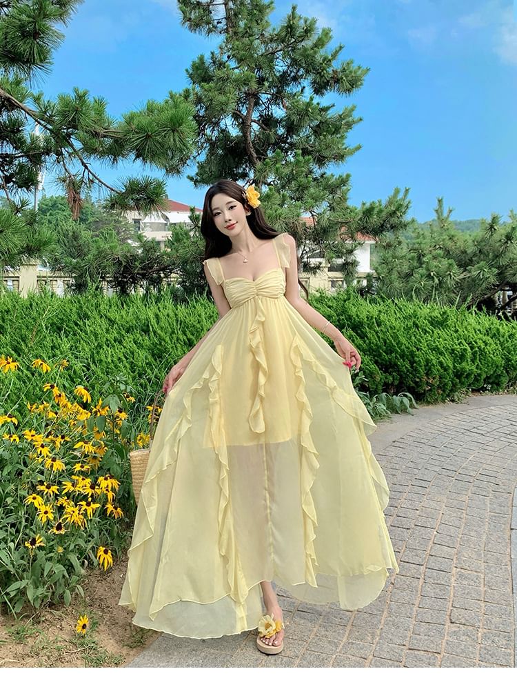 Cap-Sleeve Plain Ruffle Trim Ruched Slit Maxi A-Line Dress