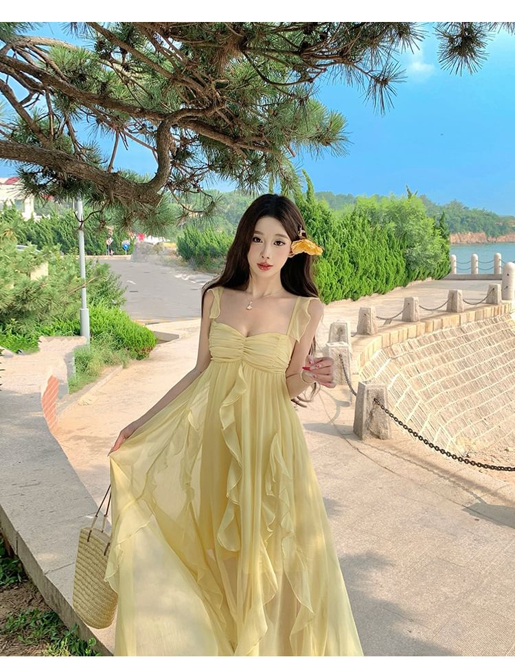 Cap-Sleeve Plain Ruffle Trim Ruched Slit Maxi A-Line Dress