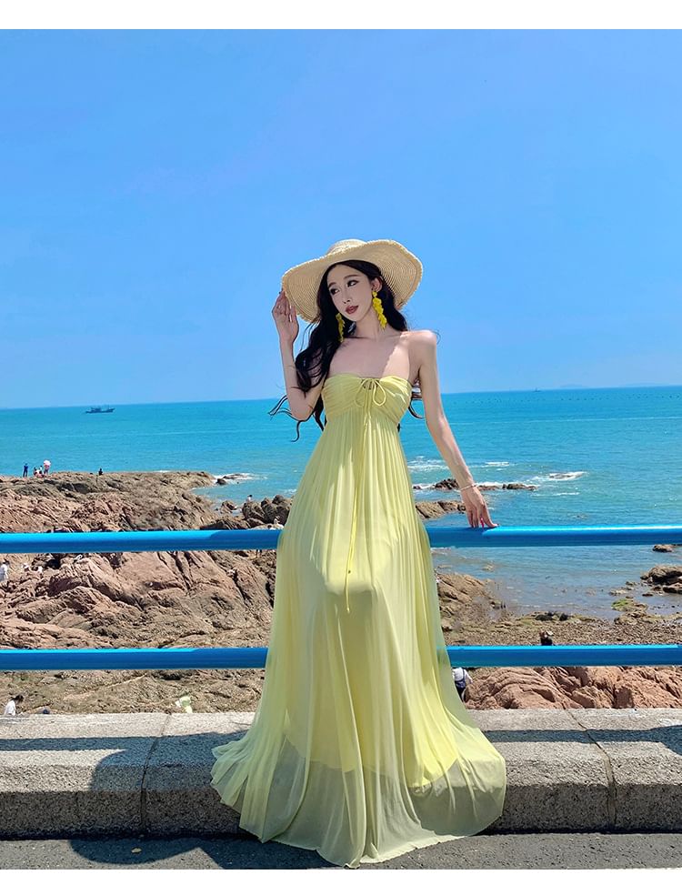 Halter Neck Plain Cutout Ruched Open Back Mesh Maxi A-Line Dress
