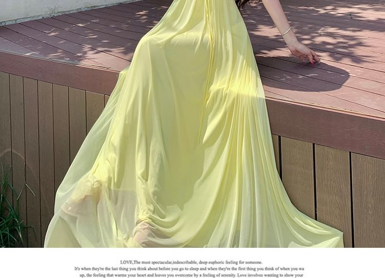 Halter Neck Plain Cutout Ruched Open Back Mesh Maxi A-Line Dress