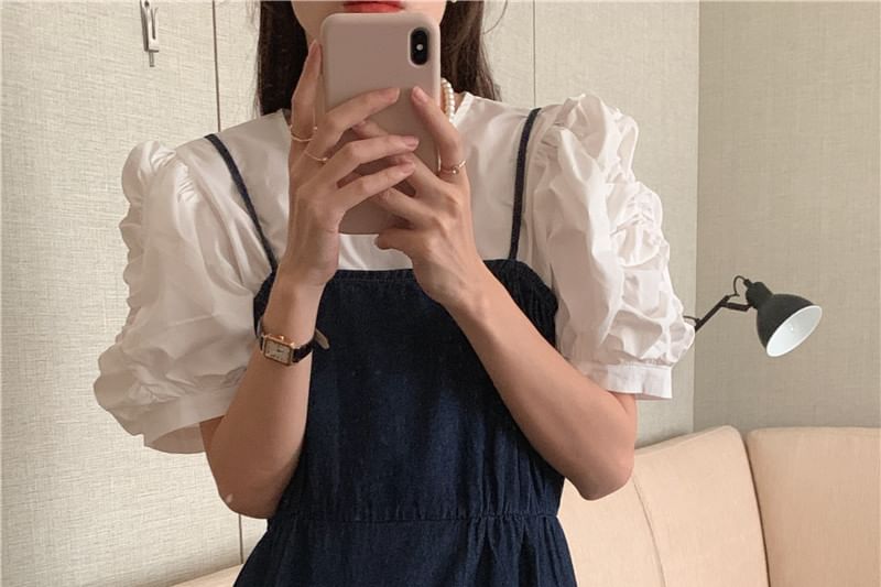 Puff-Sleeve Round Neck Plain Ruched Blouse / Denim Maxi Jumper Dress
