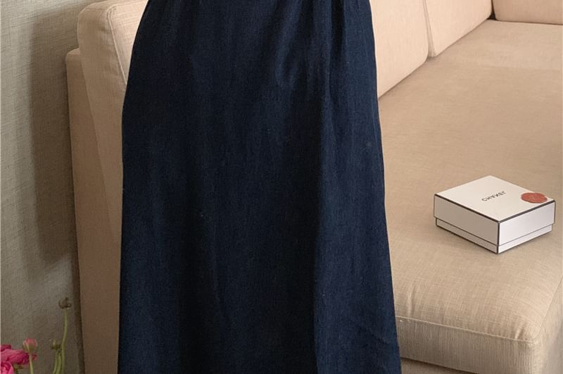 Puff-Sleeve Round Neck Plain Ruched Blouse / Denim Maxi Jumper Dress