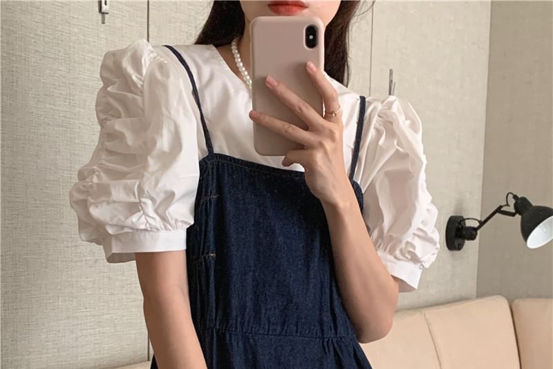 Puff-Sleeve Round Neck Plain Ruched Blouse / Denim Maxi Jumper Dress