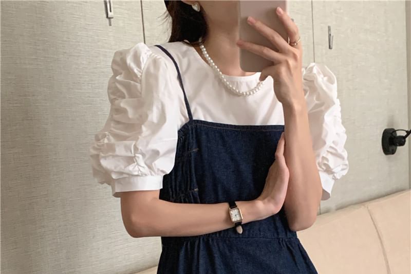 Puff-Sleeve Round Neck Plain Ruched Blouse / Denim Maxi Jumper Dress