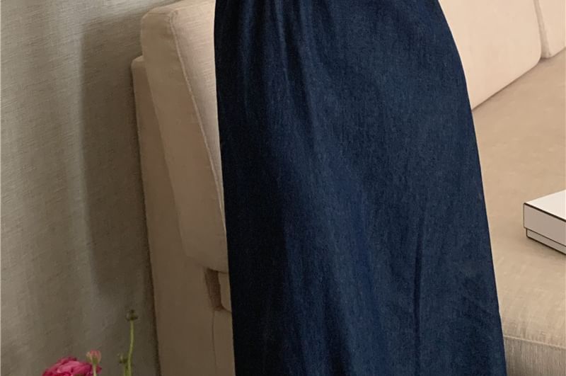 Puff-Sleeve Round Neck Plain Ruched Blouse / Denim Maxi Jumper Dress