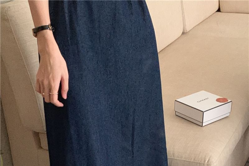 Puff-Sleeve Round Neck Plain Ruched Blouse / Denim Maxi Jumper Dress