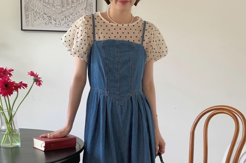 Puff-Sleeve Crew Neck Dotted Blouse / Denim Maxi Dungaree Dress