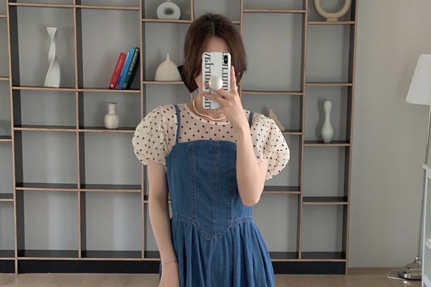 Puff-Sleeve Crew Neck Dotted Blouse / Denim Maxi Dungaree Dress