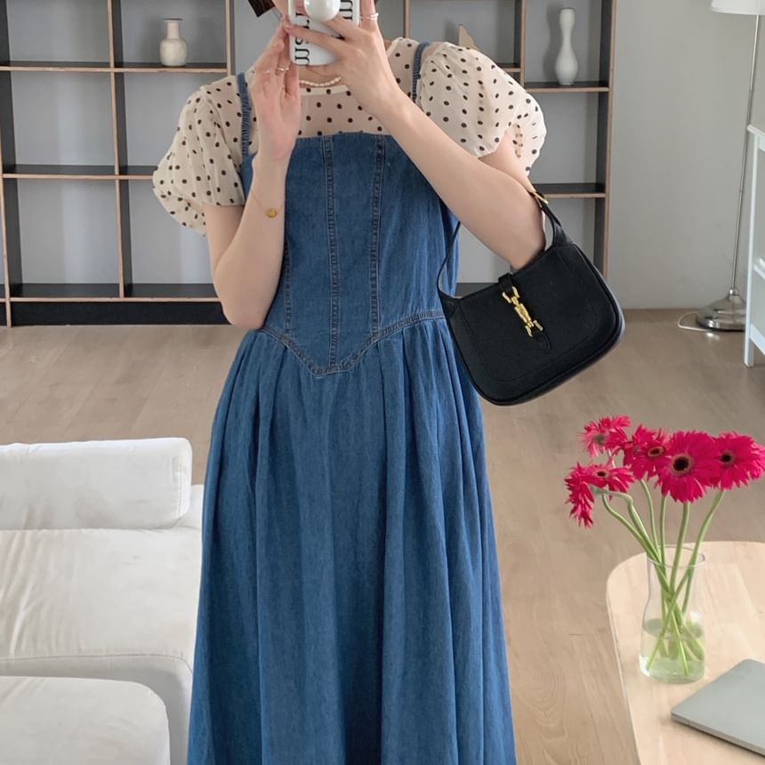 Puff-Sleeve Crew Neck Dotted Blouse / Denim Maxi Dungaree Dress